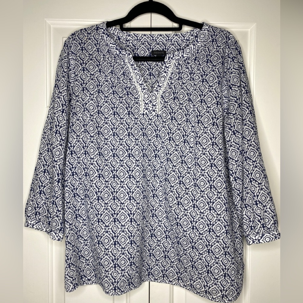 Talbots V-neck Dark Blue and White Blouse Size: L